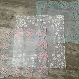 3 Vtg Flocked Handkerchiefs Lot Hanky Pink Aqua White Bows Floral Sheer EUC - Picture 1 of 8