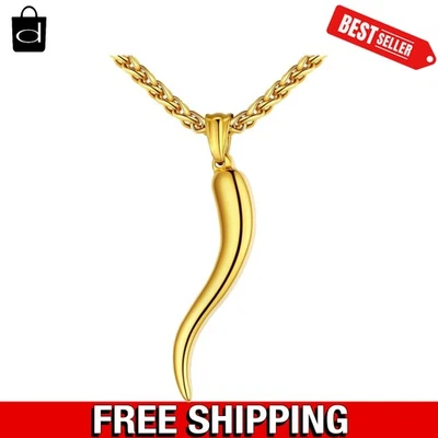 Collar amuleto de cuerno italiano de 2 pulgadas - chapado en oro con lujosa bolsa negra Foto 1 de 4