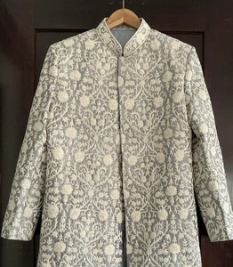 Abrigo Sherwani Bordado Crewel Hombre Chaqueta Azul Blanco Boda Formal  - Imagen 1 de 11
