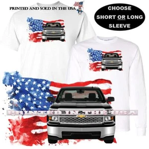 Chevrolet Chevy Silverado USA Truck American Flag Background Car Art T Shirt - Picture 1 of 4