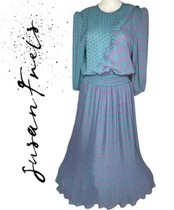Vtg  Grandma’s Dress Susan Freis Polka Dots Pleated Skirt Sz Small Ruched Band - Picture 1 of 12