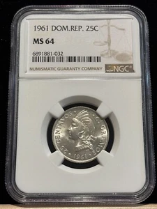 DOMINICAN REPUBLIC 25 Centavos 1961, NGC MS 64 Choice UNC / BU Full Luster. S2 - Picture 1 of 2