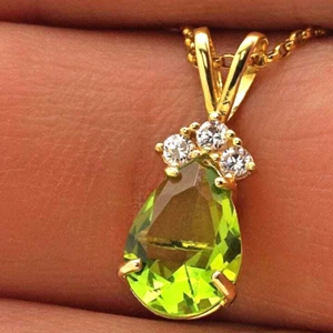 14k Yellow Gold 1.85TCW CZ & Pear Shape Peridot Pendant 0.8" - Picture 1 of 5