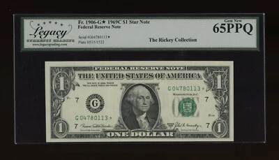 DBR 1969-C $1 FRN Chicago Gem STAR Fr. 1906-G* Legacy 65 PPQ Serial G04780113* - Image 1 of 2