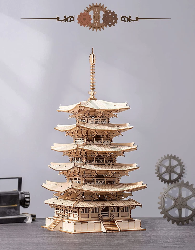 Rompecabezas 3D ROKR construcción de madera adultos hágalo usted mismo kit modelo pagoda de cinco pisos decoración del hogar Foto 1 de 4