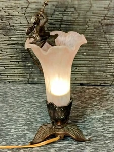 Vintage Cherub Brass Lamp Pink & White Lily Frosted Glass Shade~ Angel With Horn - Picture 1 of 10