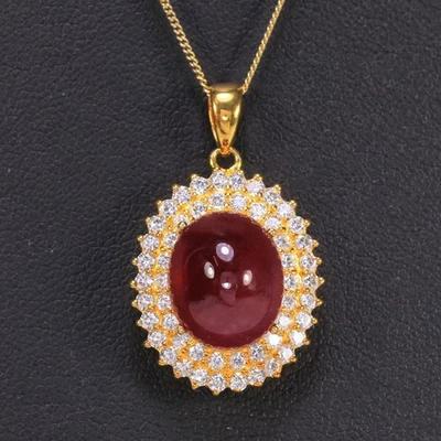 925 纯银吊坠 血红红宝石 OVAL CABACHON 白色 CZ 宝石 — 第 1/4 张图片