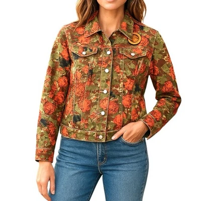 LAL Floral Denim Jacket M Green Orange Statement Boho Chic Artsy Fall Bold Style - Image 1 of 4