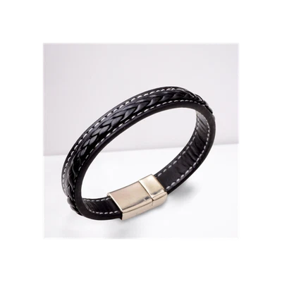 Men's Faux Black Leather Bracelet - Image 1 of 2