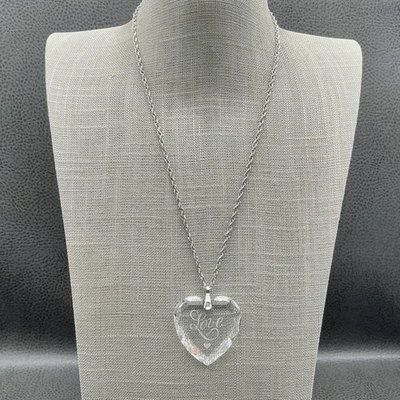 Crystal Heart Pendant Necklace Love Engraved Silver Tone Rope Chain Womens 20" - Image 1 of 4