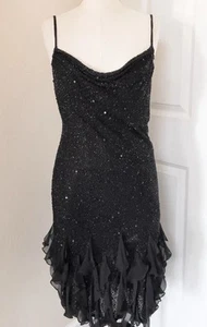 Vintage 90s Y2K Scala Prom Dress Black Vampy Goth Silk Beaded Hoco Gown - L - Picture 1 of 6