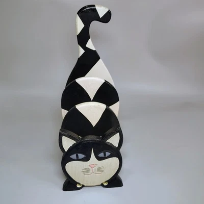 Vtg Rustic Wood Folk Art Black Tuxedo Cat Desk Organizer Letter Napkin Holder - Image 1 of 4