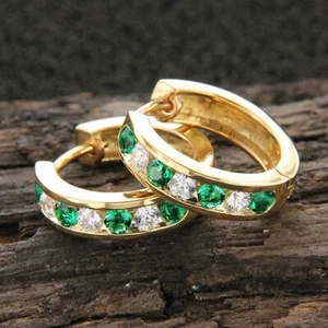 2CT Round Lab Created Diamond And Emerald Hoop Earrings 14k Yellow Gold Finish - Picture 1 of 10