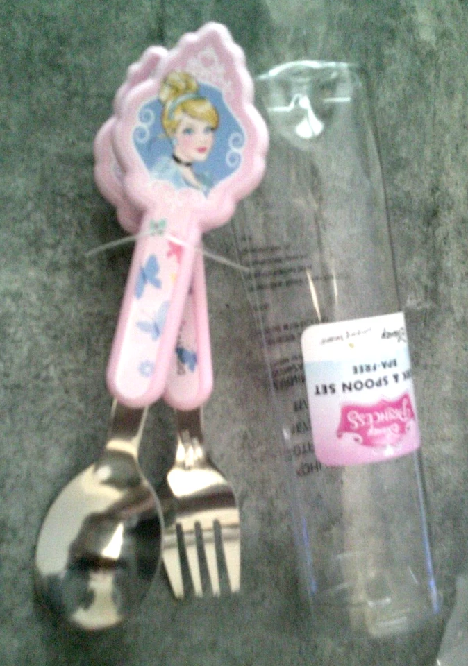Disney Cenicienta y Ariel Princesa Niño Pequeño Tenedor y Cuchara Set Rosa Niñas Nuevo  Foto 1 de 4
