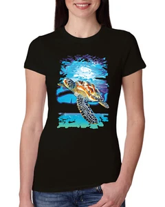 Swimming Sea Turtle Animals Women Slim Fit Junior Tee - Picture 1 of 14