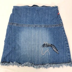 Blue Denim Jean Skirt Girl's Size 7 Beaded Horse Accent Fringe hem Stitch Accent - Picture 1 of 6