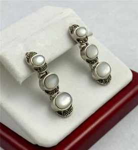 1980's Mother of Pearl 925 Sterling Silver & Marcasite Dangle Post Earrings - Picture 1 of 4
