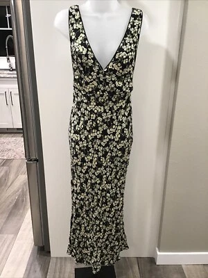 Free People Yellow Black Floral Flower Open Back V Neck Maxi Dress Cotton Size 4 - Image 1 of 4