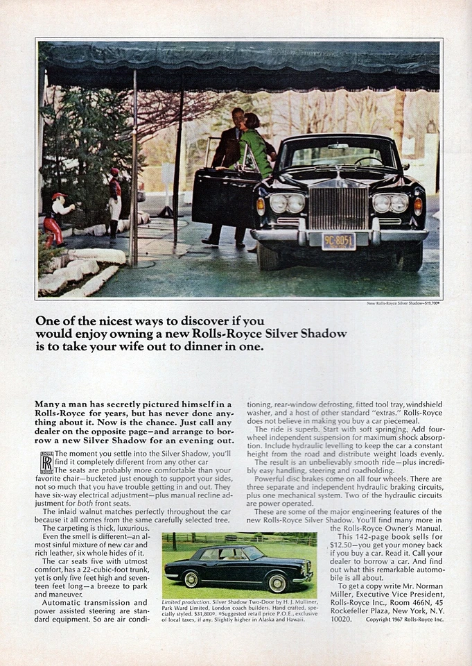 1967 年劳斯莱斯银色阴影原装彩色印刷广告 — 第 1/1 张图片