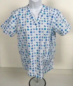 Womens Scrub Top Size S White w Blue Purple Flowers Pockets V neck Short Sleeves - Picture 1 of 14
