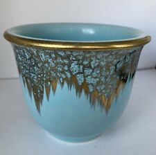 Ceramic Planter Teal Blue Crackle Gold Design Germany 3.75” Tall, 4 7/8”diameter