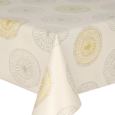 PVC SORRENTO IVORY TABLE CLOTH SPIRAL CIRCLE SWIRL DOTS CREAM GOLD WIPEABLE - Image 1 of 3