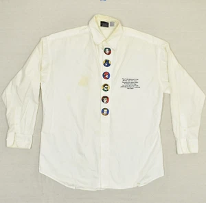 DC Men's Button Shirt Cotton White Size M Justice League Vintage Stained Embroid - Picture 1 of 8