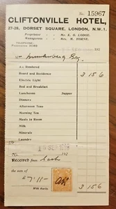 ¡BILLETE DE HABITACIÓN CLIFTONVILLE HOTEL LONDRES Inglaterra Reino Unido 1928! con SELLO DE INGRESOS  - Imagen 1 de 2
