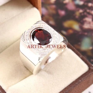 Naturale Granato Gemma Con 14K Placcato Oro Bianco Anello Argento per Uomo #3100 - Foto 1 di 12