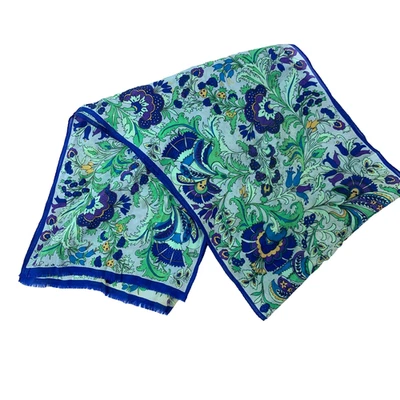 Vintage Oscar de la Renta Blue Beautiful Floral Fringe Scarf 9.75" x 51" - Image 1 of 4
