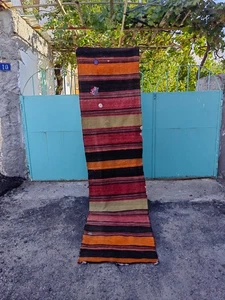 Vintage Turkish Kilim Runner Rug 8.7x2.2 ft – Handmade Wool Striped Carpet - Picture 1 of 18