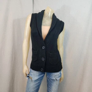 Merona einfarbiger schwarzer Strick Wollmischung Knopf Pullover Weste MEDIUM mit Taschen - Bild 1 von 7