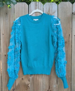 Cato Teal Sheer Floral Statement Sleeve Pullover Sweater - Picture 1 of 11