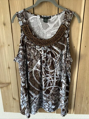 Suzie In The City Brown & White Beaded Sleeveless Top Size 2X NWOT - Изображение 1 из 4