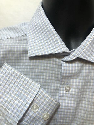 Calvin Klein Slim Stretch Fit Dress Shirt 17 33 Blue Plaid Cotton Button Up - Image 1 of 4