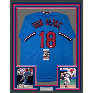 Framed Autographed/Signed Andy Van Slyke 33x42 St. Louis Blue Jersey JSA COA - Picture 1 of 2