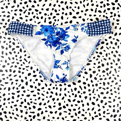 Lands End Navy Blossom / Gingham Reg. 小号 6-8 柔软比基尼泳装底部 500022 — 第 1/4 张图片