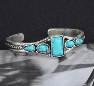 Bracciale Polsino Argento Boho Southwestern con Pietre Turchesi Rettangolari, Nuovo - Foto 1 di 3