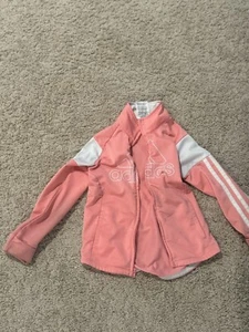 Girls Adidas Size 4-5 Pink White Track Jacket 3 Stripe Zip Up - Picture 1 of 1