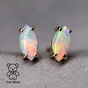 Dainty Marquise Cut Australian Solid Opal Stud Earrings 14K Yellow Gold - Picture 1 of 7