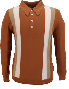 Ska & Soul Mens Ginger Brown Cable Front Striped Knitted Spear-Point Polo Shirt