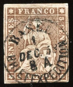 SWITZERLAND - THE SITTING HELVETIA, EMBOSSED - Scott #15 - FIVE RAPPEN 1854 /273 - Picture 1 of 24