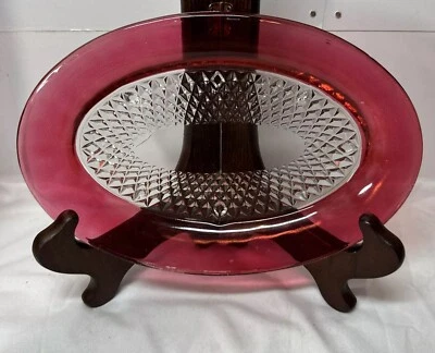 Mid-Century Indiana Glass Diamond Point Ruby Flash 6 x 9 Inch Oval Pickle Tray - Image 1 of 4