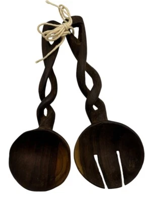 雕刻木制扭转手柄服务沙拉勺叉套装 7.5 英寸深棕色 — 第 1/4 张图片