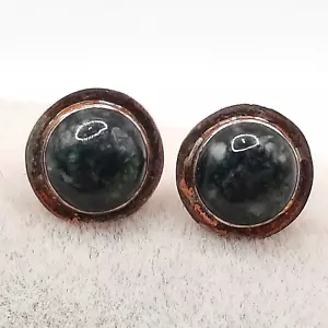 Aretes artesanales de plata de ley de jaspe verde oscuro bisel redondo pequeños 925 - Imagen 1 de 4