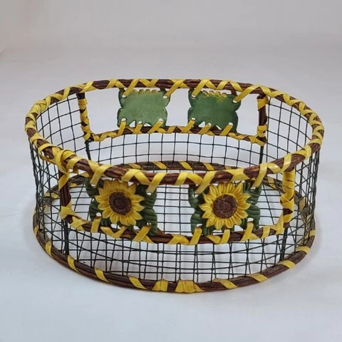 Sunflower Basket Wire/Ceramic Kitchen Country Decor Cover