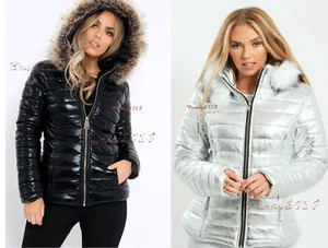 New Ladies Wet LOOK Shiny Puffer Padded Fur Hooded Winter Jacket S-XL - Picture 1 of 6
