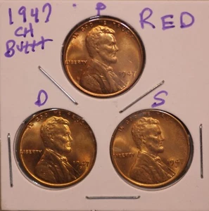 1947 P D S LINCOLN WHEAT CENT PENNY 1C CHOICE RED BU+++ SET (3 COINS) 47833 - Picture 1 of 2