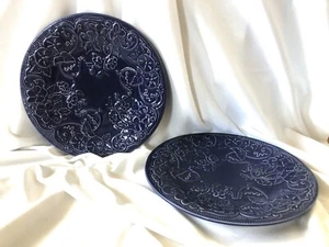 Set 2 Bordallo Pinheiro Portugal Vintage Ceramic Plate Flower Blue 11 in. - Picture 1 of 4