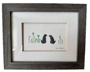 Sharon Nowlan Pebble Art “Puppy Dog Tails” 10”x8”Gray Wood Frame&Matting Glass - Picture 1 of 14